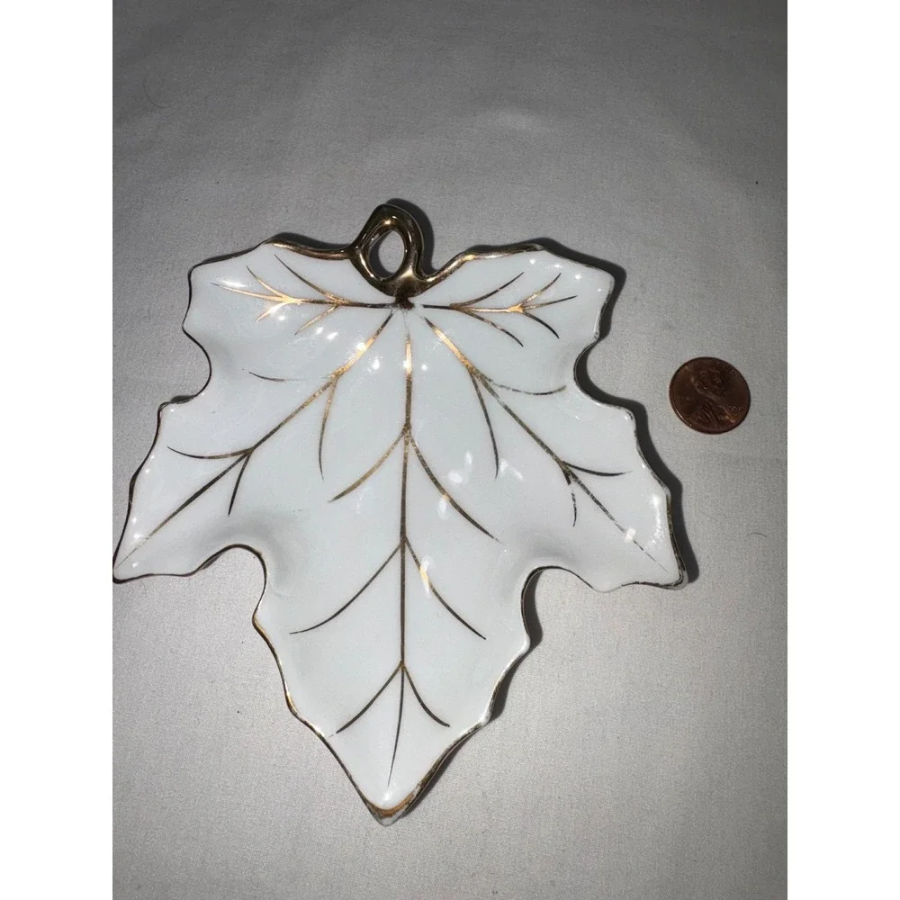 White Porcelain Maple Leaf Trinket Dish Gold Trim Gilt Japan Jewelry TrayVintage